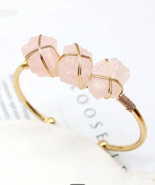 Triple Rose Quartz Crystal Wire Wrapped Bracelet